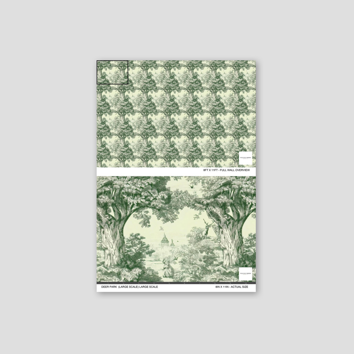 Deer Park wallpaper with green tree etchings on ivory background, large scale.