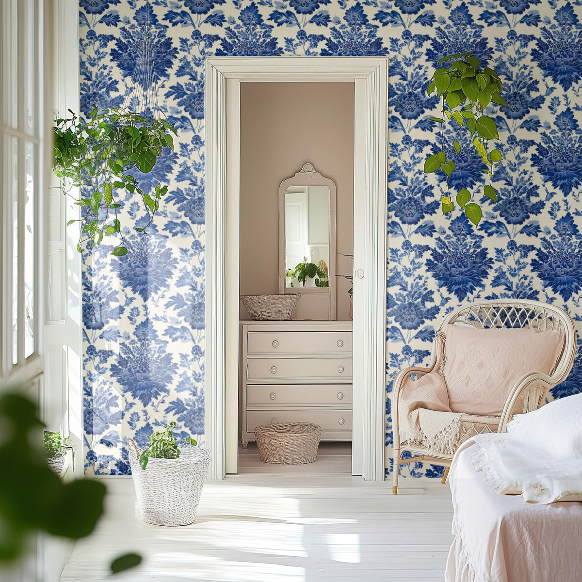 Delft Bouquet large scale wallpaper in a styled room