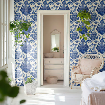 Delft Bouquet large scale wallpaper in a styled room