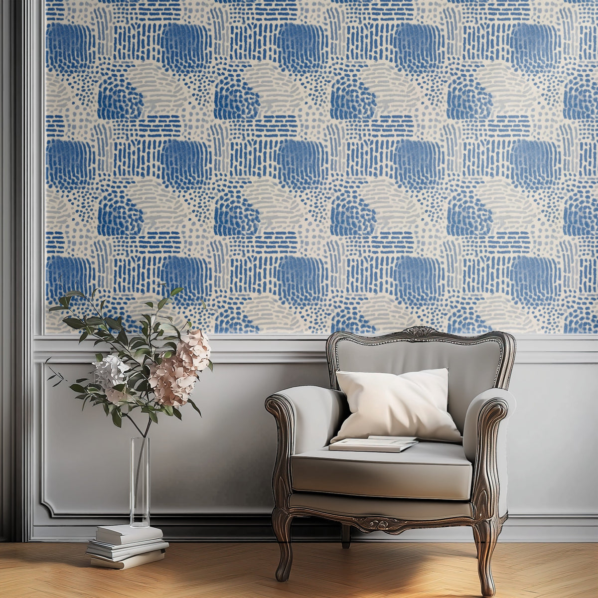 Denim Dash large scale wallpaper in a styled room