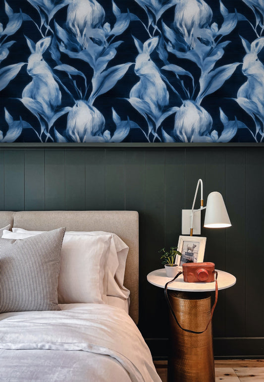 Denim Rabbit large scale wallpaper in a styled room
