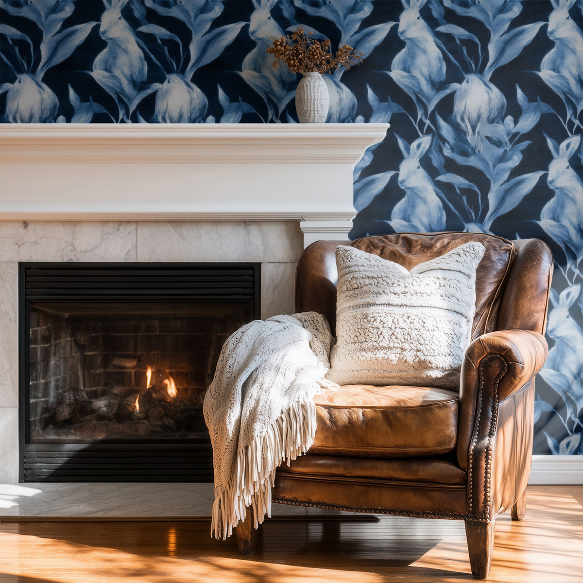 Denim Rabbit large scale wallpaper in a styled room