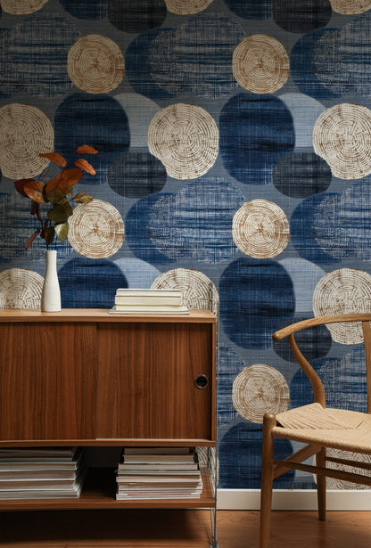 Denim Rings large scale wallpaper in a styled room