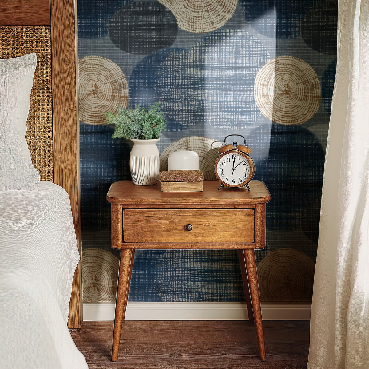 Denim Rings large scale wallpaper in a styled room