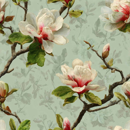 Floral wallpaper with magnolia blossoms, soft cream and blush colors, set against a subtle green background.