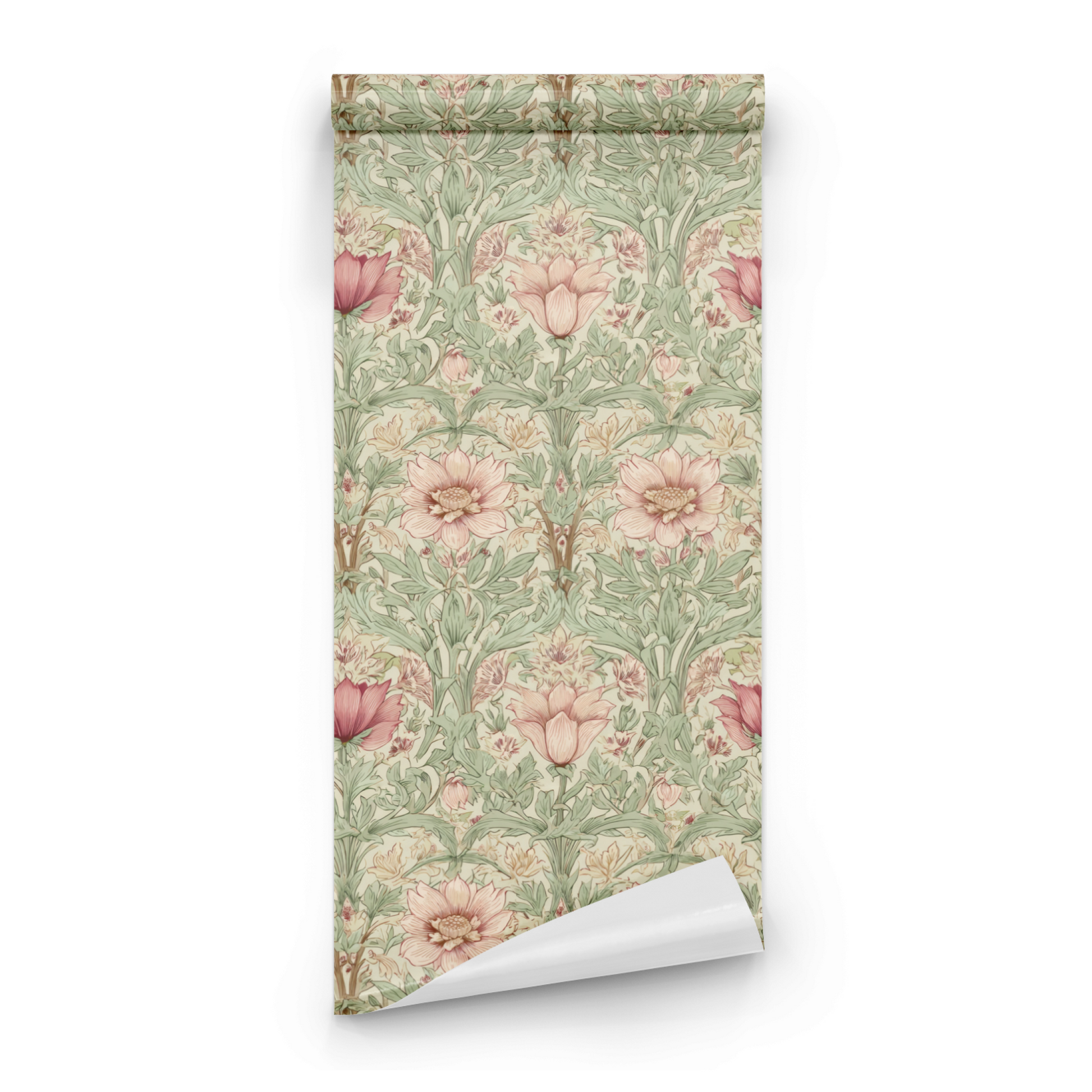 Cream Floral Wallpaper roll preview showing the art nouveau bloom drawing and the dusty cream palette in close detail