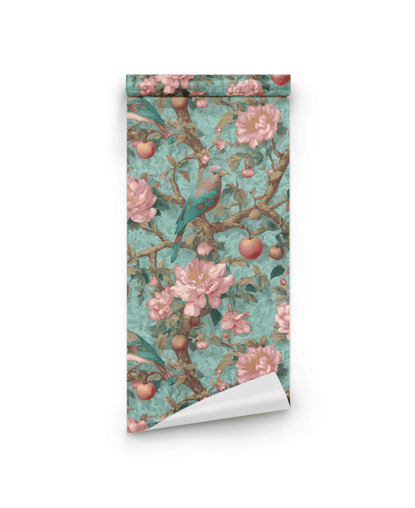 The Eden Blossom Wallpaper features a detailed botanical and bird motif with blooming florals, green leaves, and red fruit on a light background.