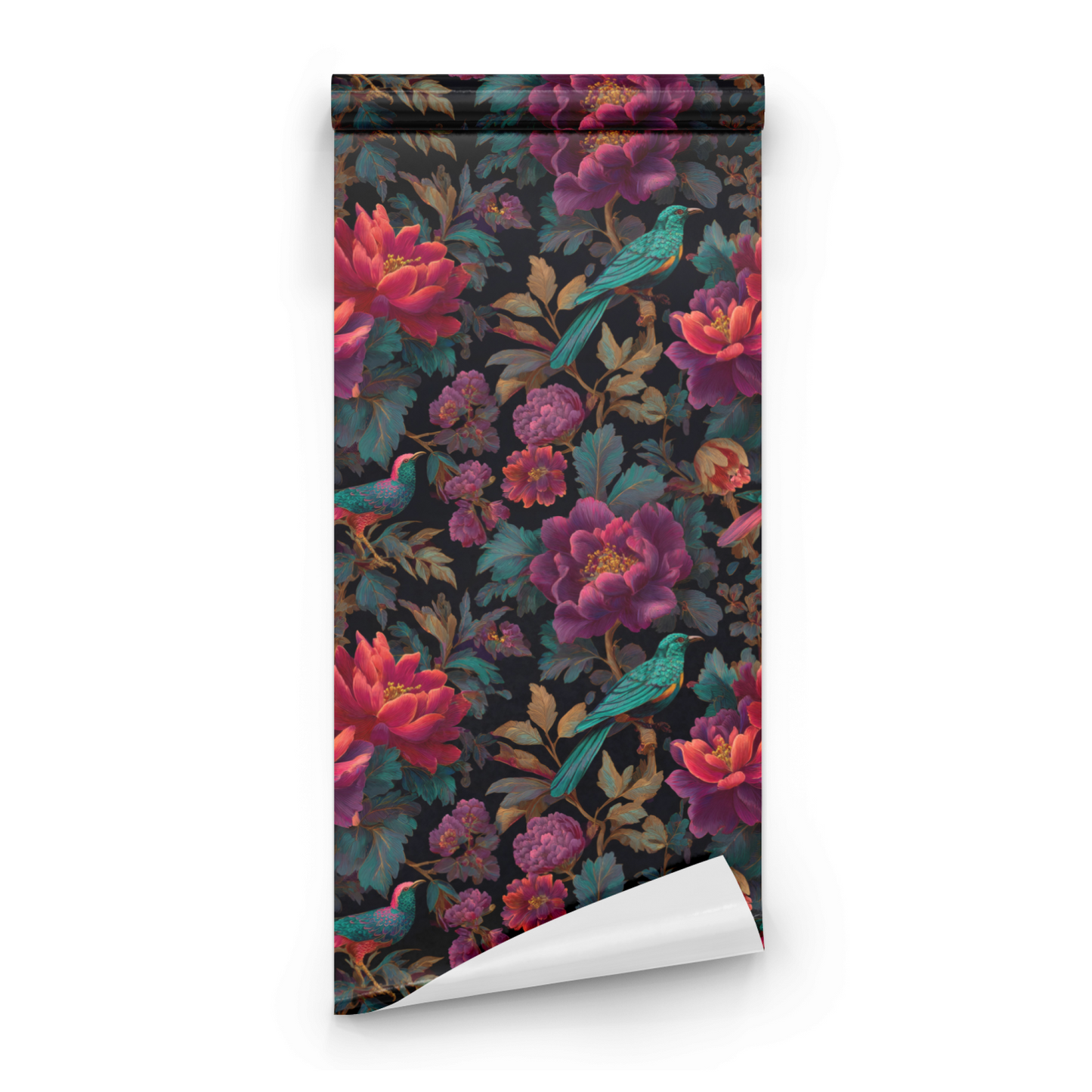 Black Floral Wallpaper roll preview showing the bird-and-floral paradise drawing on deep black moody Victorian ground