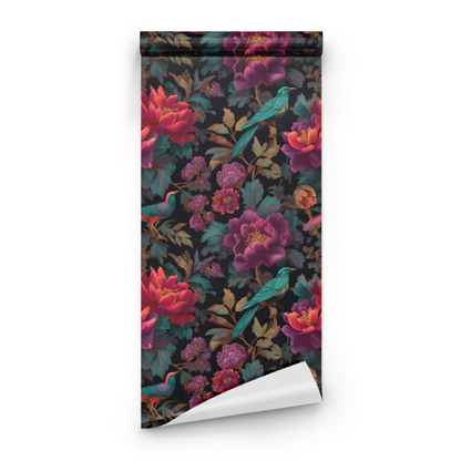Black Floral Wallpaper roll preview showing the bird-and-floral paradise drawing on deep black moody Victorian ground