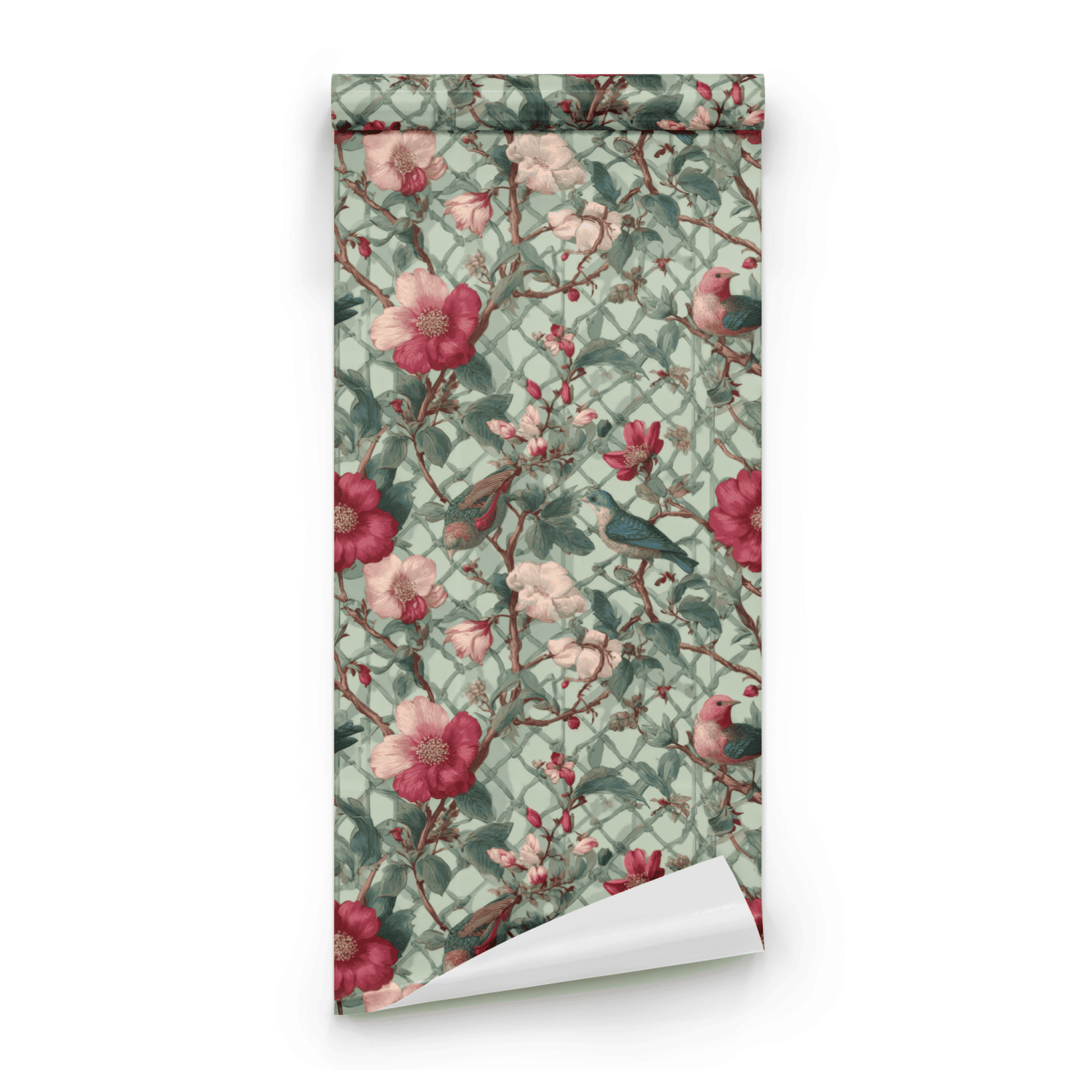 Green Floral Wallpaper roll close-up showing the bird-and-willow drawing in soft green Arts and Crafts line work