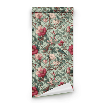 Green Floral Wallpaper roll close-up showing the bird-and-willow drawing in soft green Arts and Crafts line work