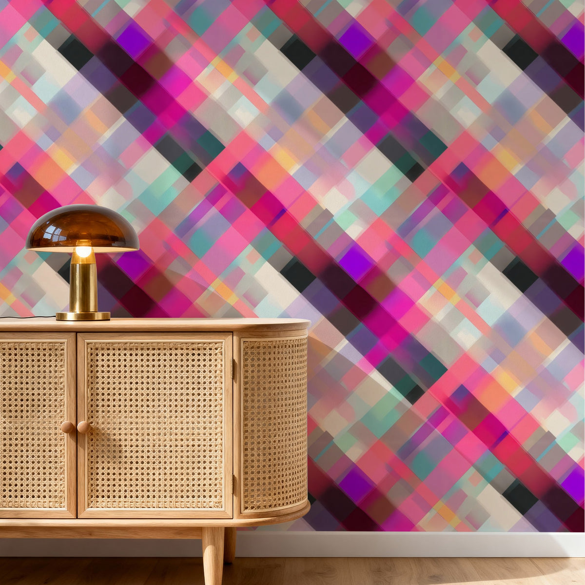 Diagonal Plaid large scale wallpaper in a styled room