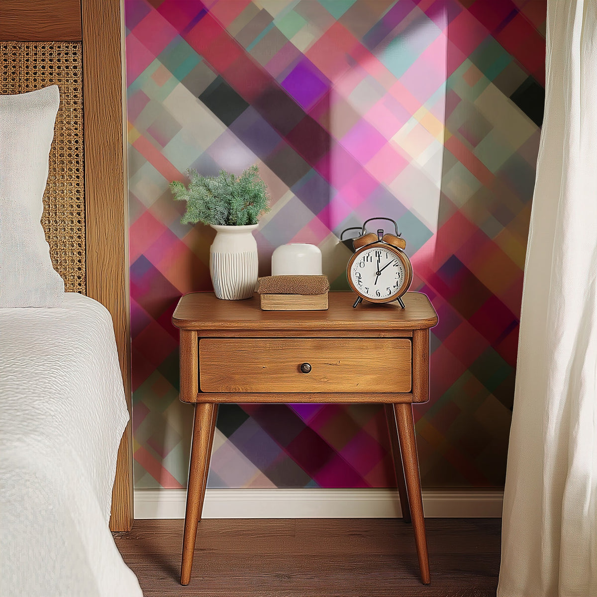 Diagonal Plaid large scale wallpaper in a styled room