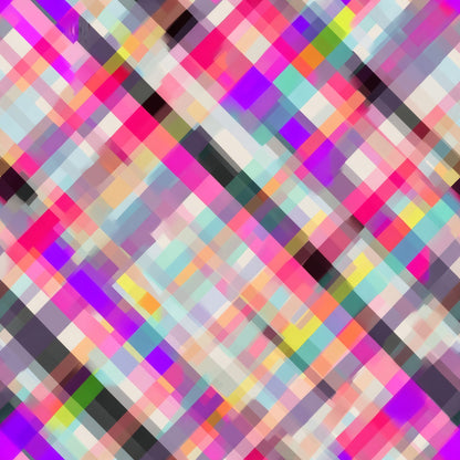 Diagonal madras plaid of wide pink, magenta, purple, chartreuse and black bands crossing on cream.