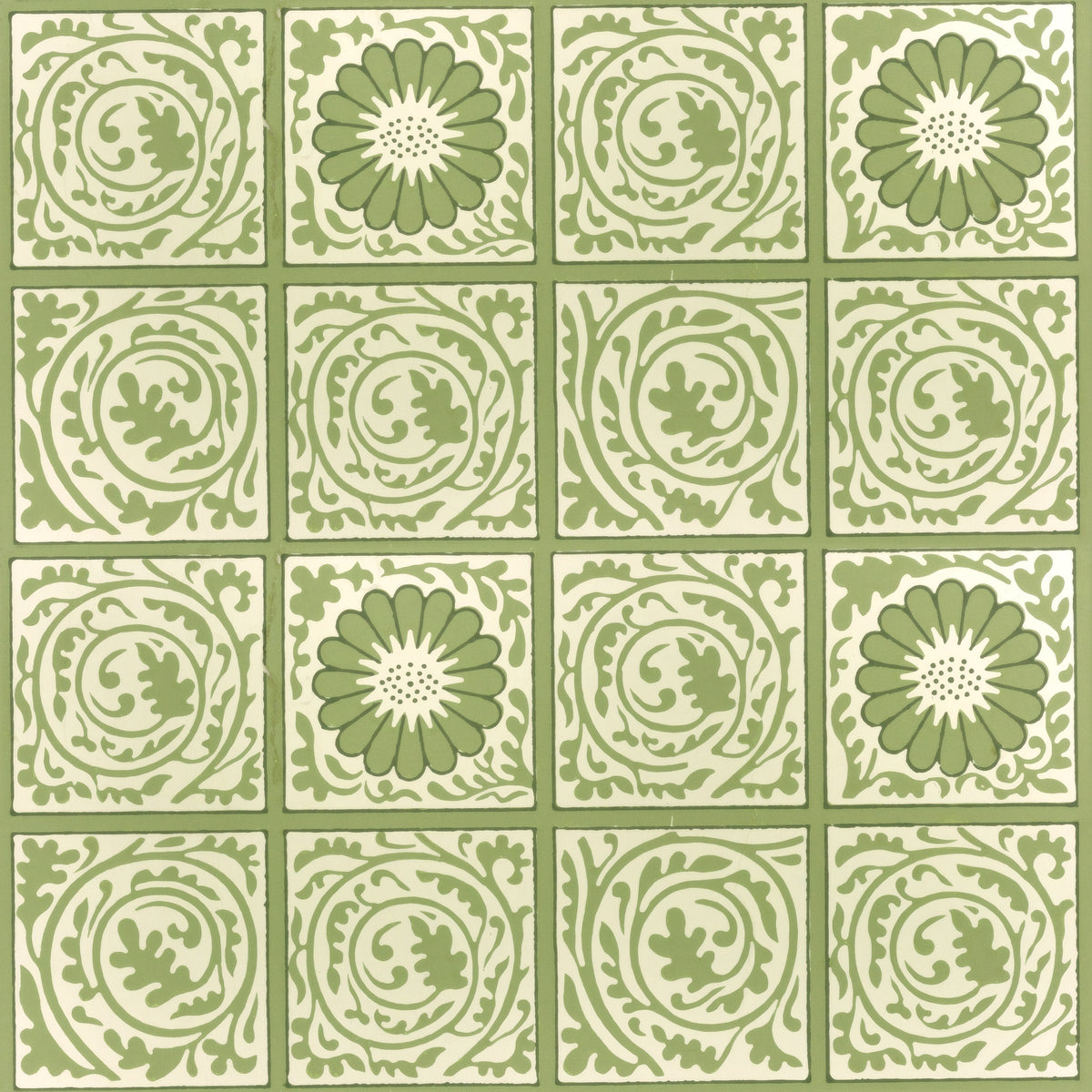 Grid of green-and-cream tiles alternating leaf medallions and daisy rosettes, a William Morris design.