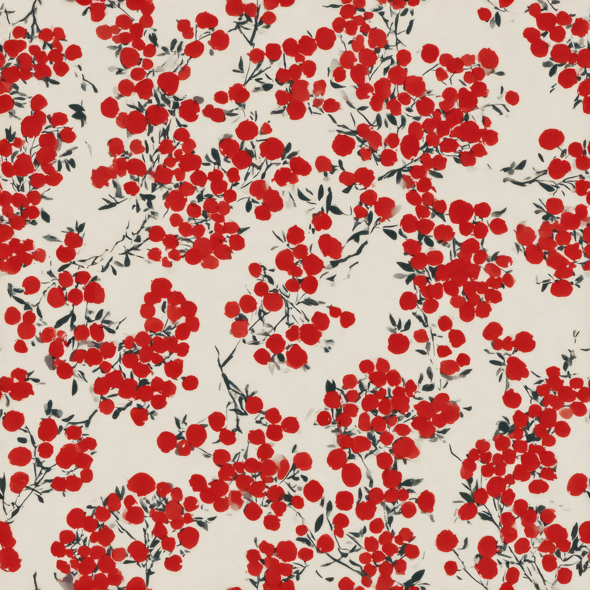 Tiny scarlet pomegranates on fine sprigs scattered densely over cream.
