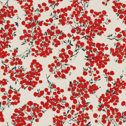 Tiny scarlet pomegranates on fine sprigs scattered densely over cream.