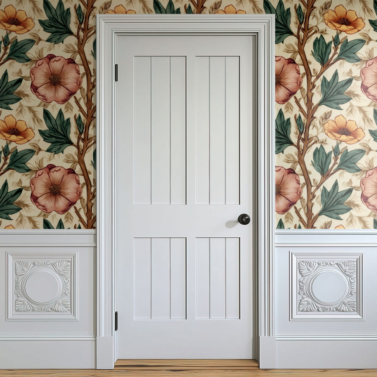 Dog Rose large scale wallpaper in a styled room