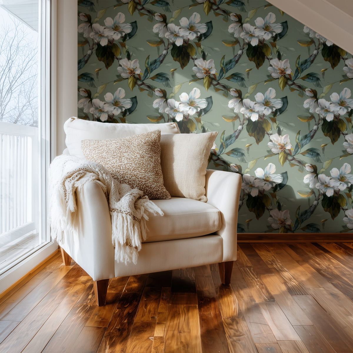 Dogwood Branch large scale wallpaper in a styled room
