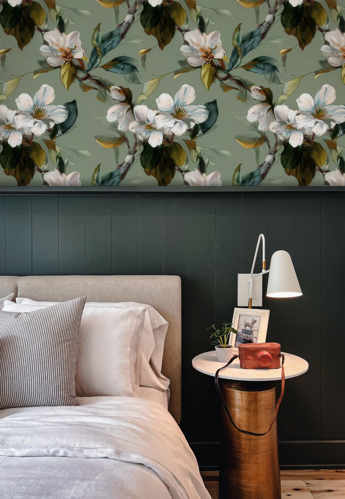 Dogwood Branch large scale wallpaper in a styled room