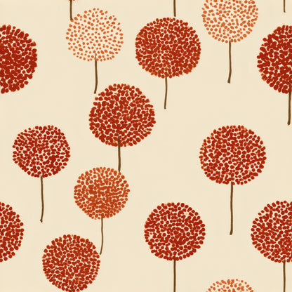 Round dotted seed heads in rust, brick and blush on thin brown stems over a cream ground.