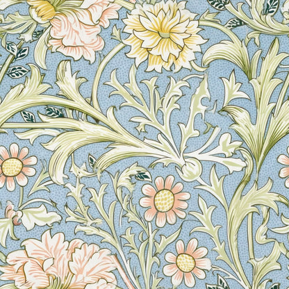 Cream and yellow daisies and pale scrolling leaves cover a soft powder-blue ground, a William Morris design.