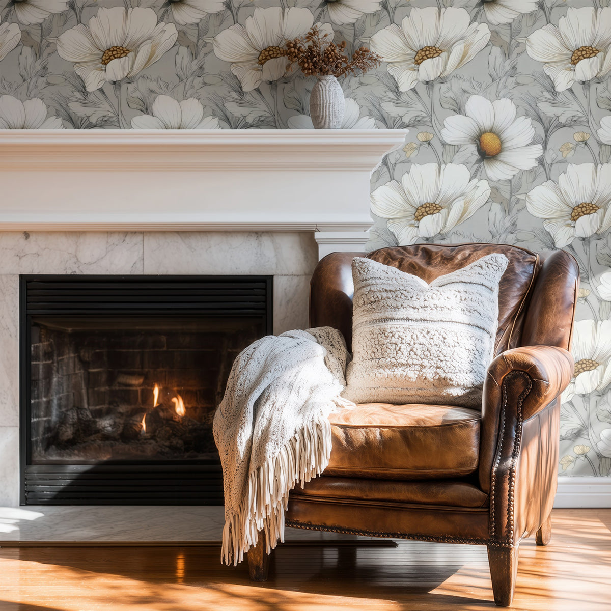 Dove Daisy large scale wallpaper in a styled room