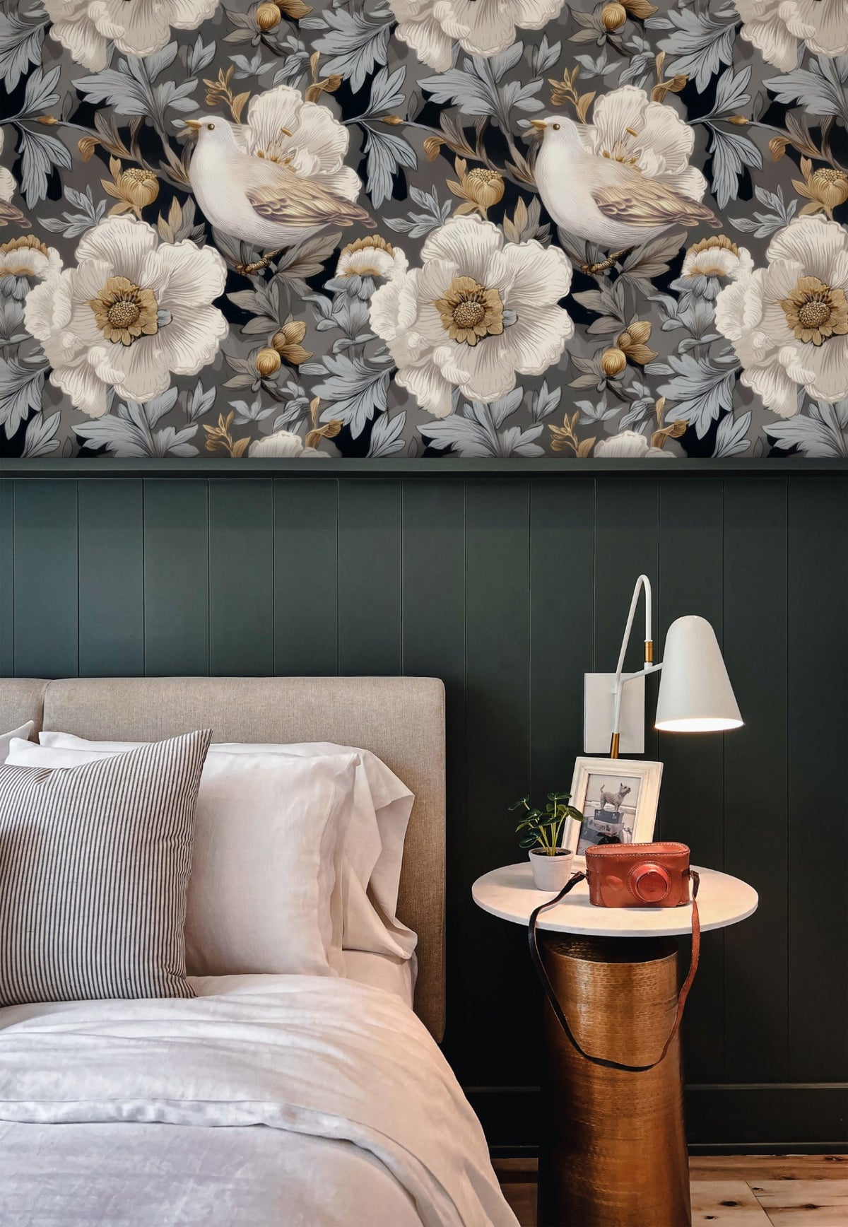 Dove Garden large scale wallpaper in a styled room