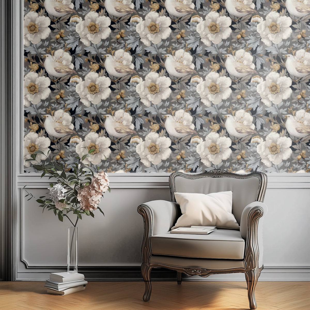 Dove Garden large scale wallpaper in a styled room