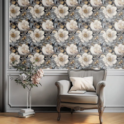 Dove Garden large scale wallpaper in a styled room