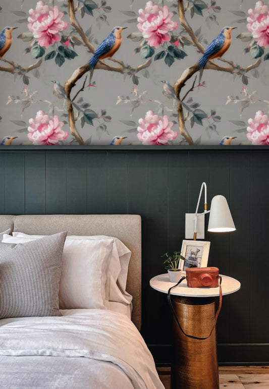 Dove Peony large scale wallpaper in a styled room