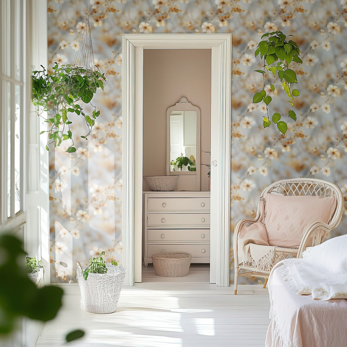Dried Blossom large scale wallpaper in a styled room