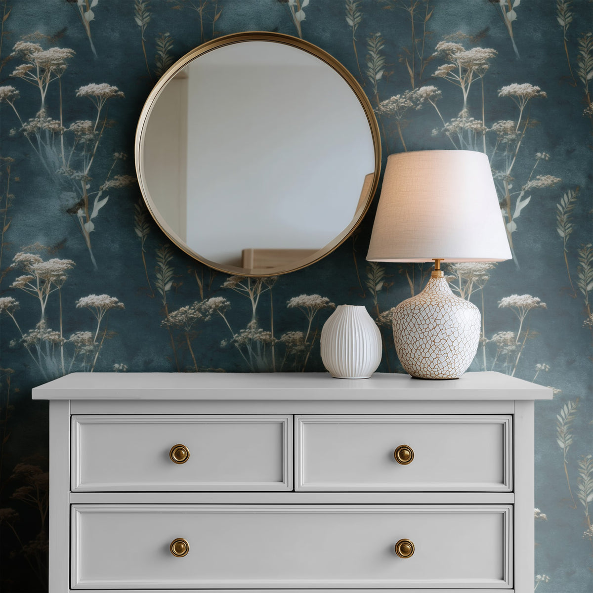 Dusk Meadow large scale wallpaper in a styled room