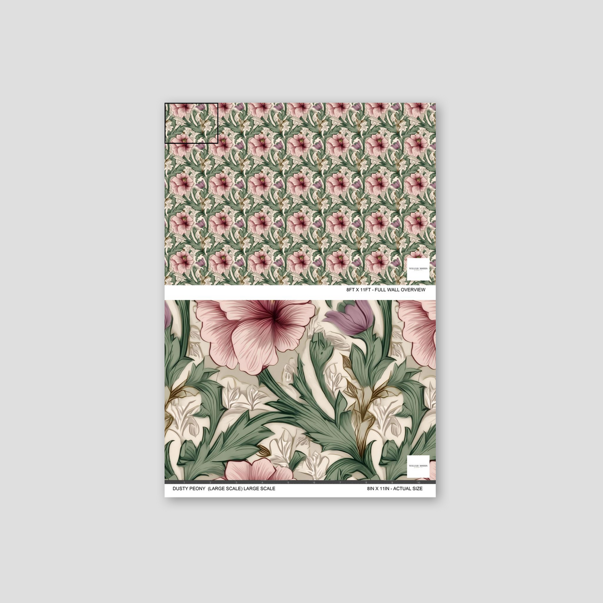 Dusty peony wallpaper with blush flowers and green leaves, large scale pattern.