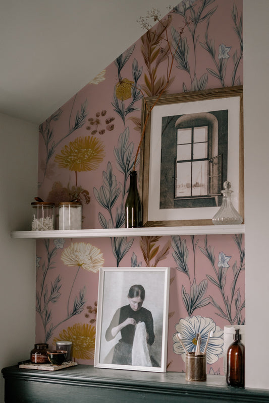 Dusty Wildflower large scale wallpaper in a styled room