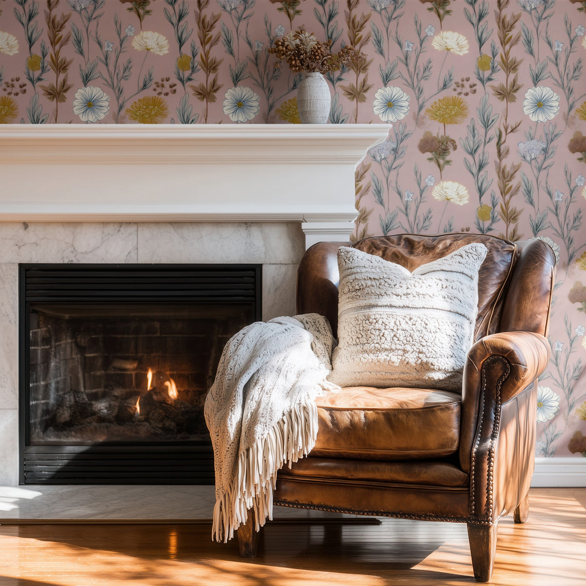 Dusty Wildflower large scale wallpaper in a styled room