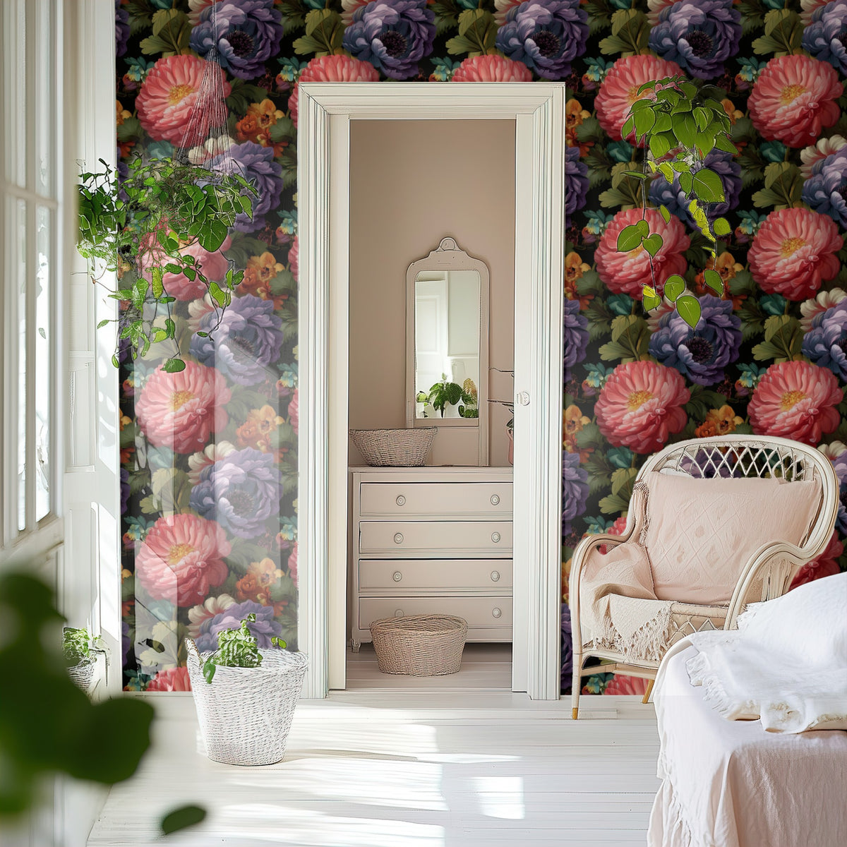 Dutch Bouquet large scale wallpaper in a styled room