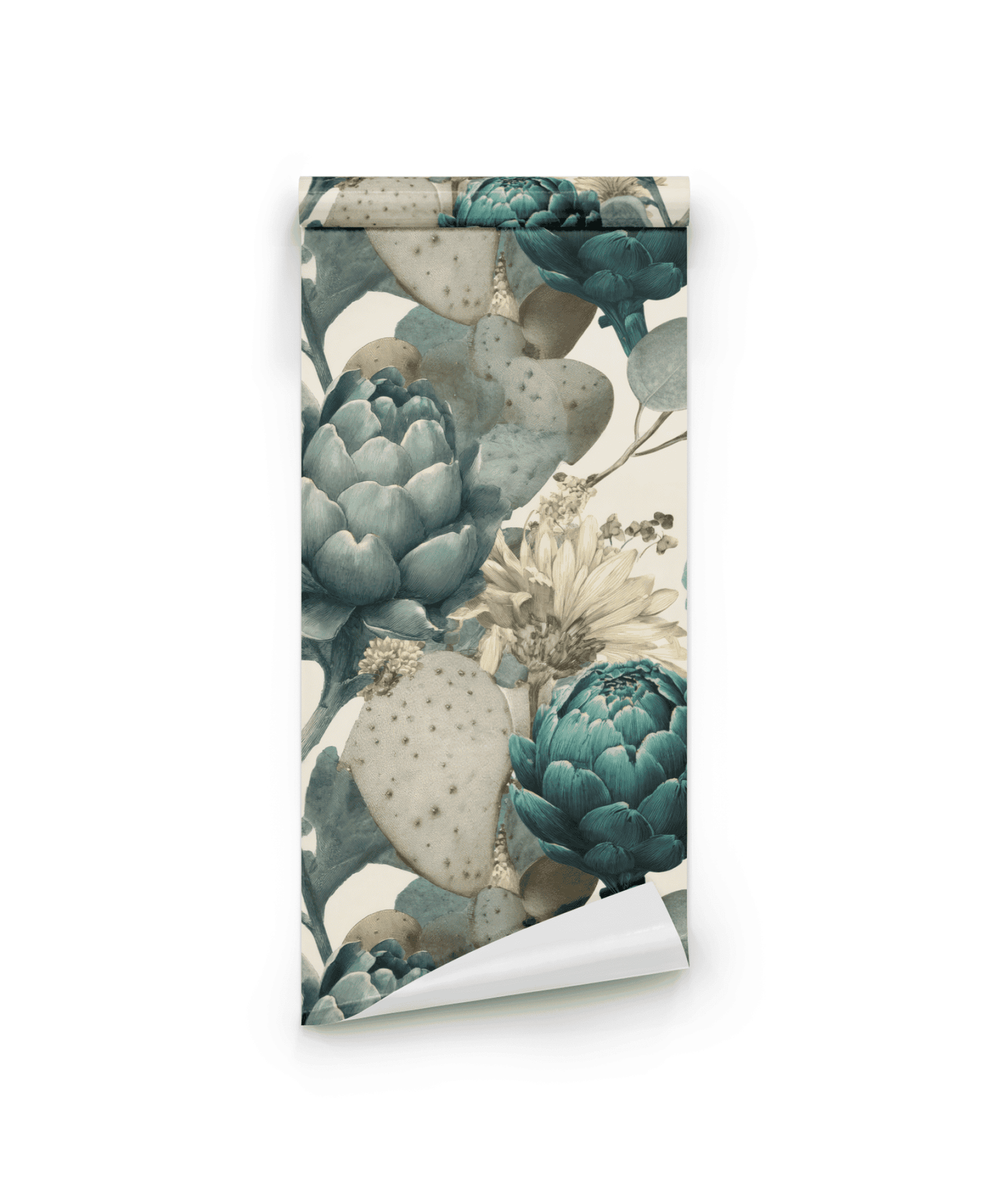 Botanical Elegance Wallpaper features large teal artichokes, muted green leaves, and beige flowers on a light background—ideal for bringing timeless beauty to any room.