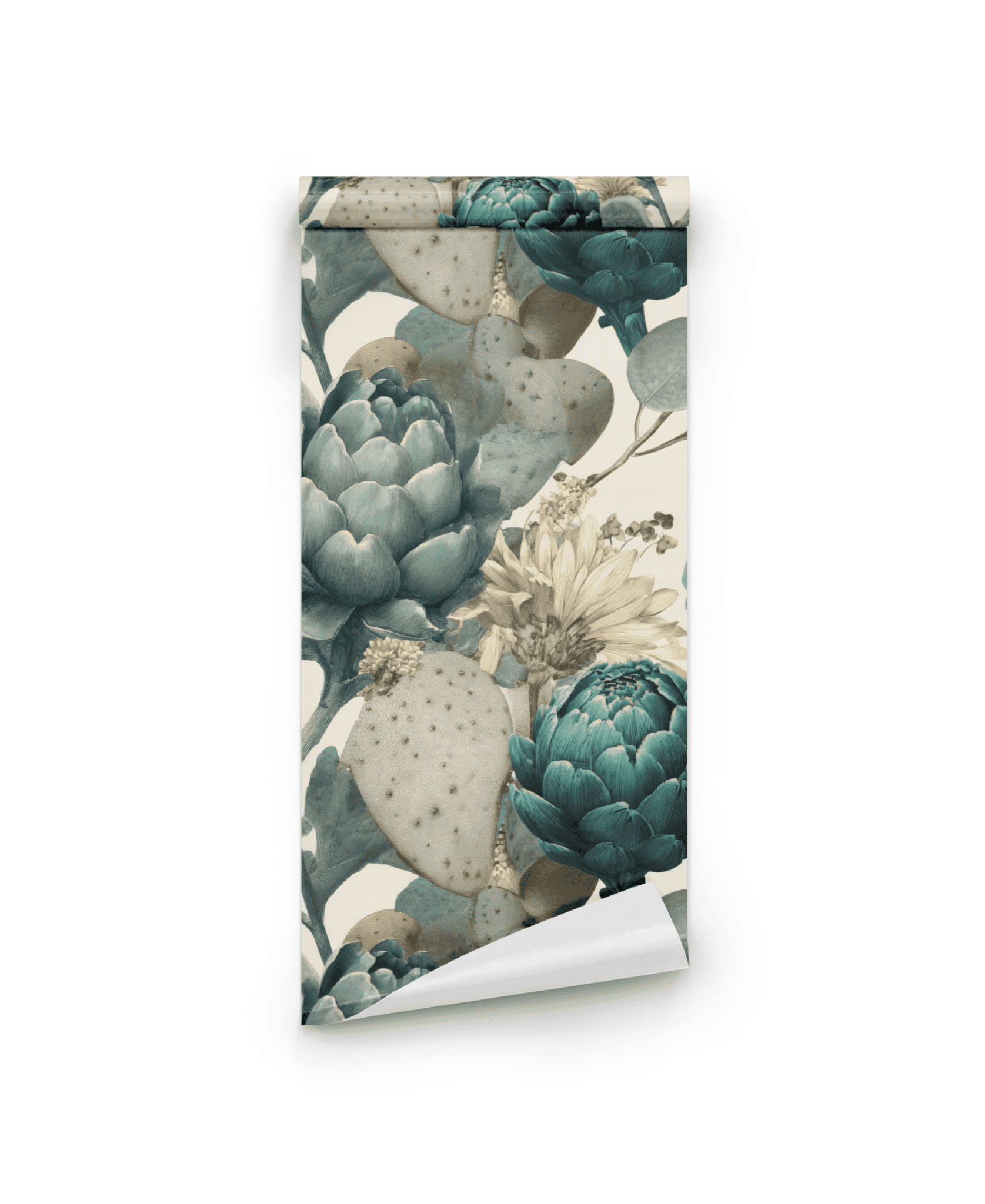 Botanical Elegance Wallpaper features large teal artichokes, muted green leaves, and beige flowers on a light background—ideal for bringing timeless beauty to any room.