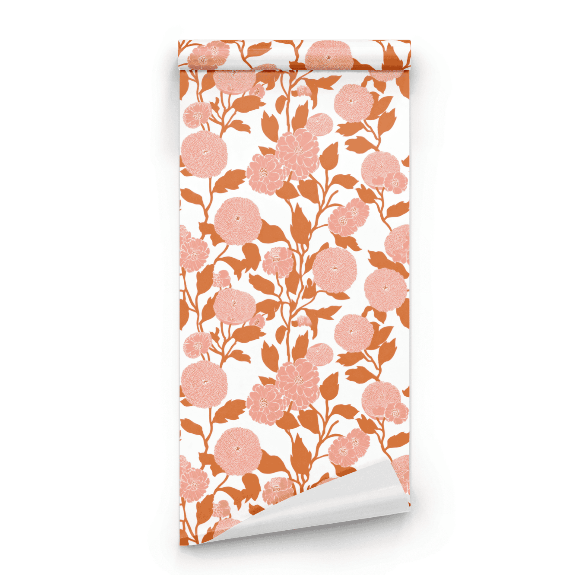 White Floral Wallpaper roll preview showing the chrysanthemum drawing in close white-and-tangerine Arts and Crafts detail