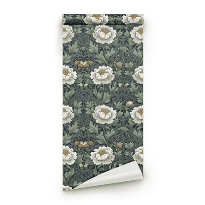 Green Floral Wallpaper roll close-up showing the petal drawing in close pewter green Arts and Crafts detail