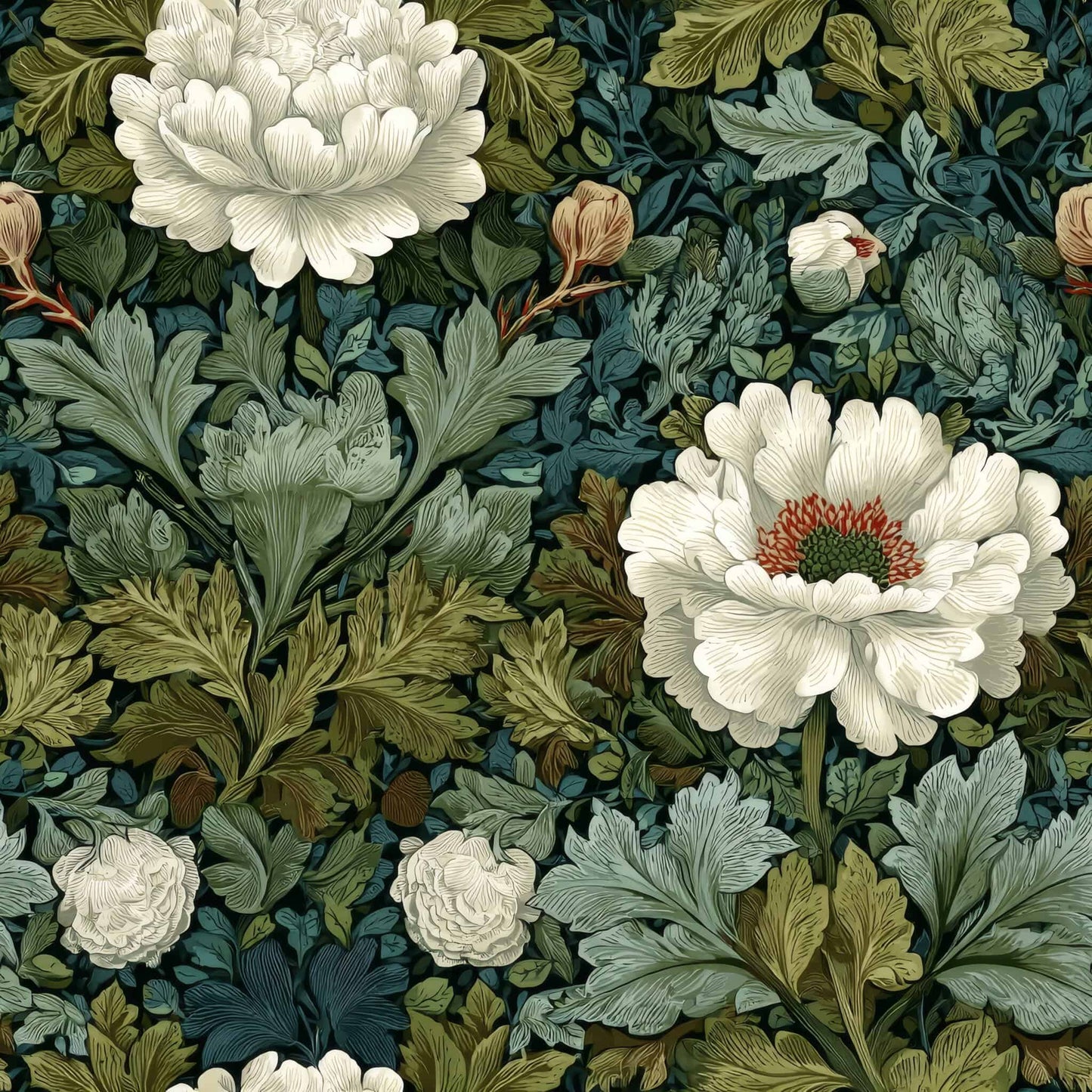 Lush floral wallpaper with white flowers and green leaves in a vintage style.