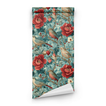 Turquoise Wren | Green Floral Wallpaper | Woodland - Roll Preview