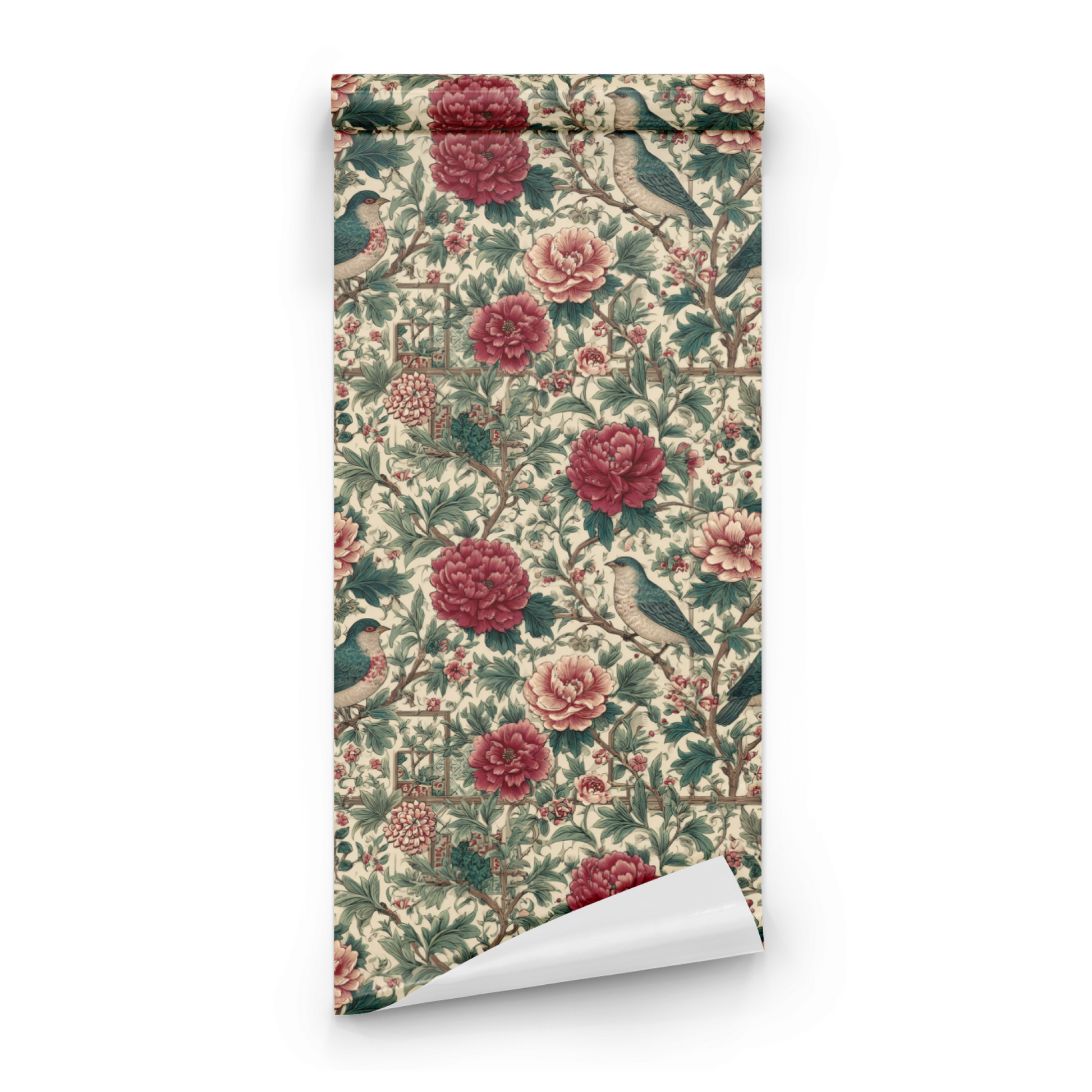 Cream Floral Wallpaper roll close-up showing the bird-and-floral drawing in close cream scarlet Victorian detail