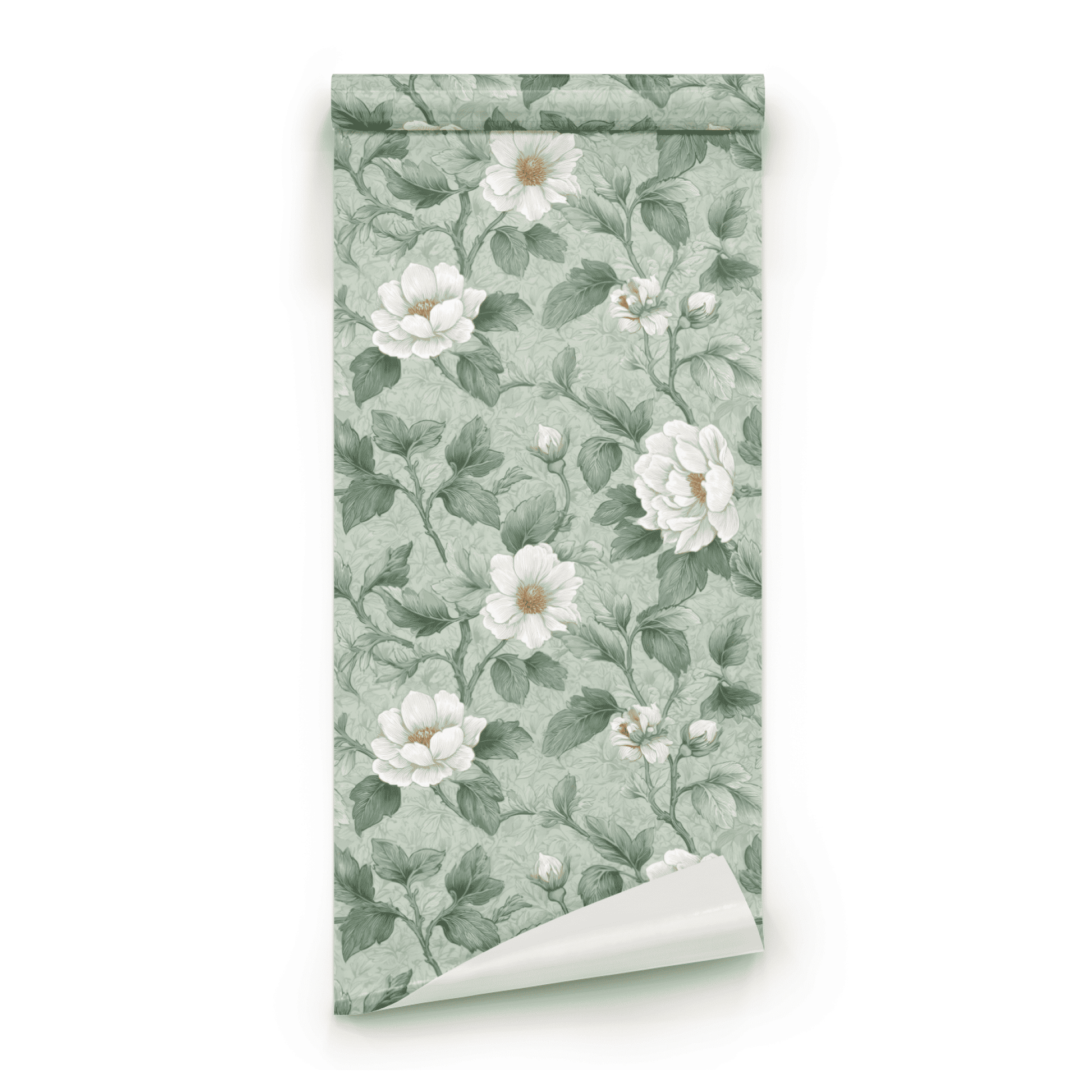 Green Floral Wallpaper roll close-up showing the etched peony flower drawing in fine green Arts and Crafts line work