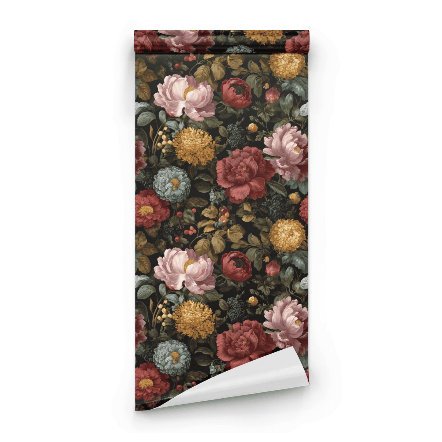 Black Floral Wallpaper roll close-up showing the moody gothic floral drawing on the deep black Victorian ground in fine line work