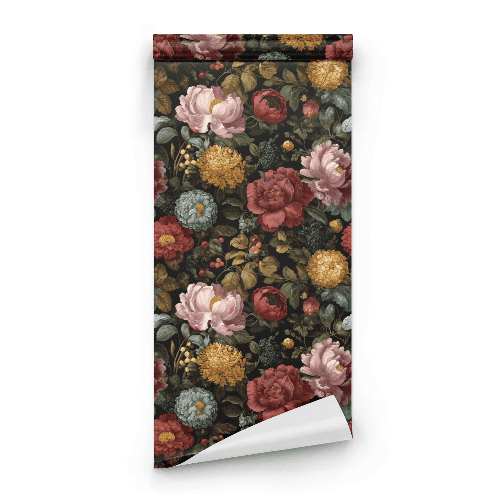 Black Floral Wallpaper roll close-up showing the moody gothic floral drawing on the deep black Victorian ground in fine line work