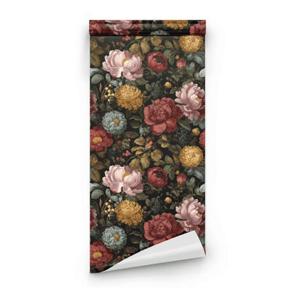 Black Floral Wallpaper roll close-up showing the moody gothic floral drawing on the deep black Victorian ground in fine line work