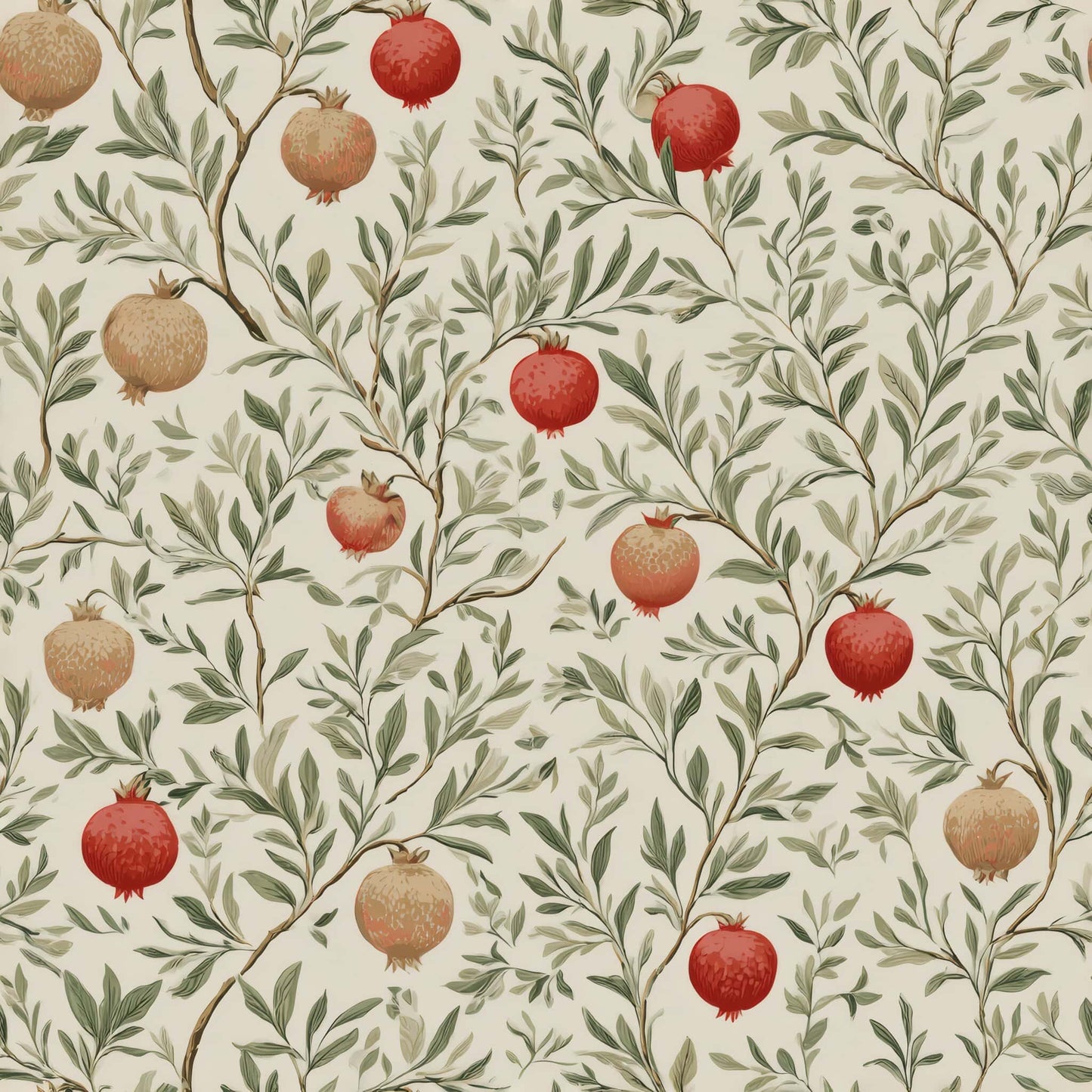 Wallpaper with pomegranates and leafy branches in red, green, and cream tones.