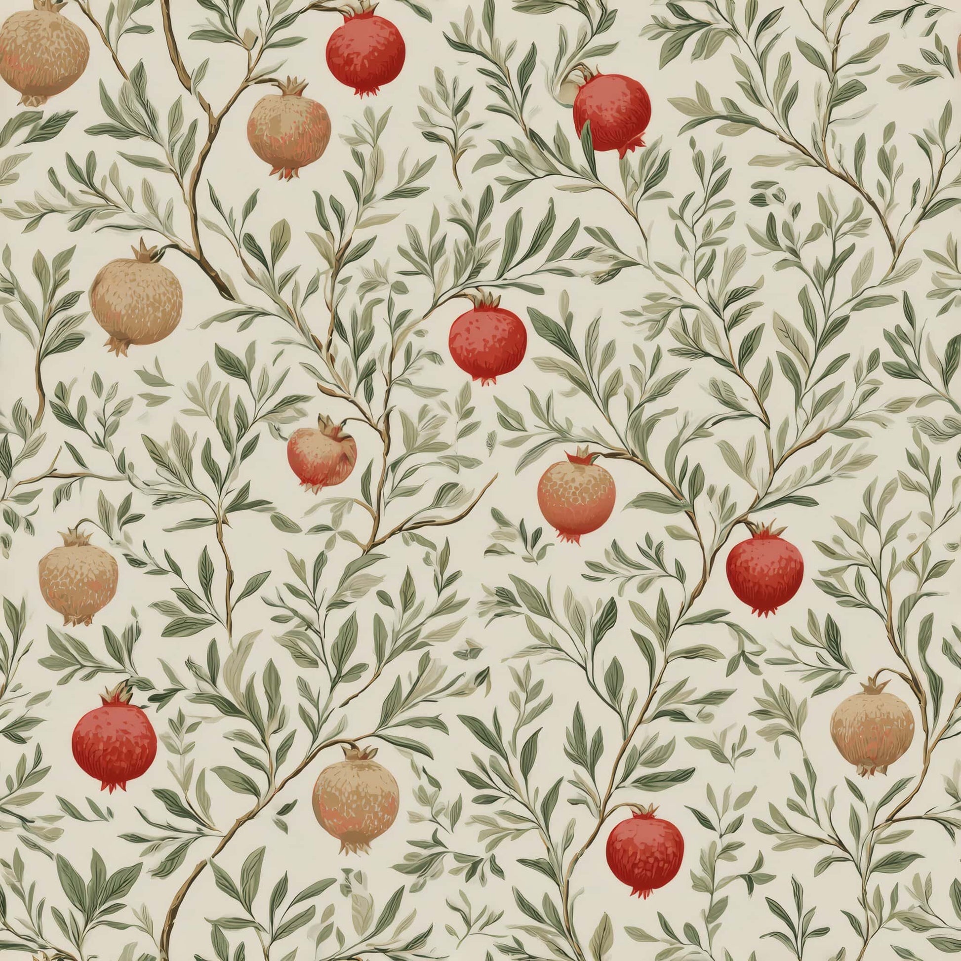 Wallpaper with pomegranates and leafy branches in red, green, and cream tones.
